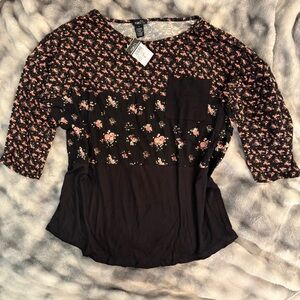 Rue21 Black Floral Patchwork 3/4 Sleeve Top